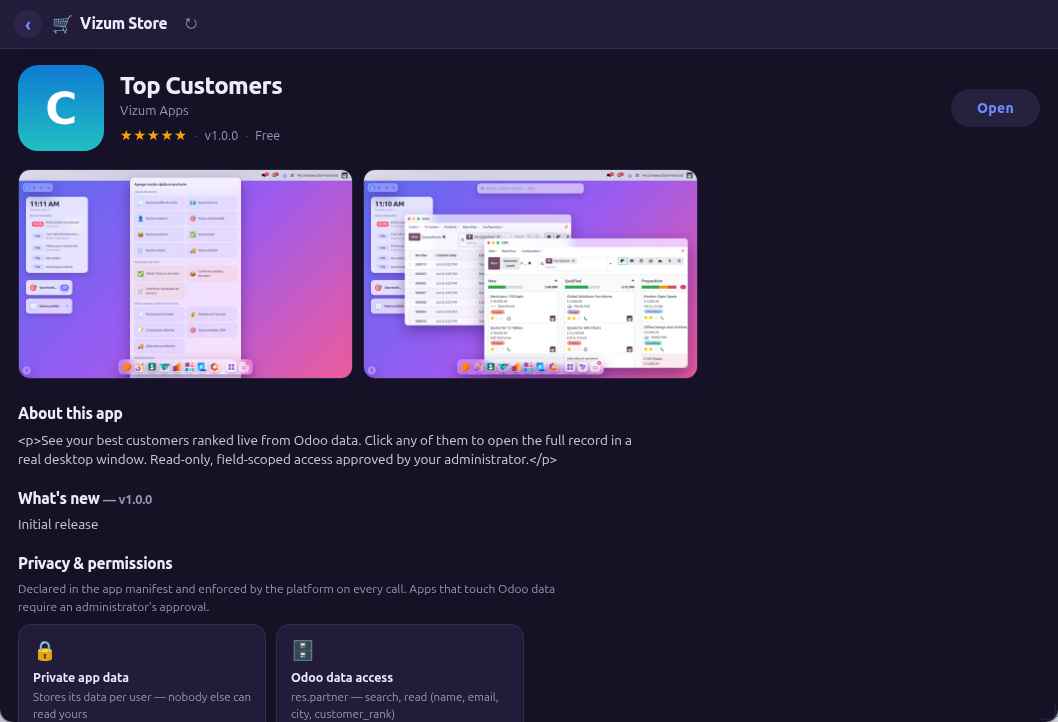 The Vizum Store shows your permissions as privacy cards