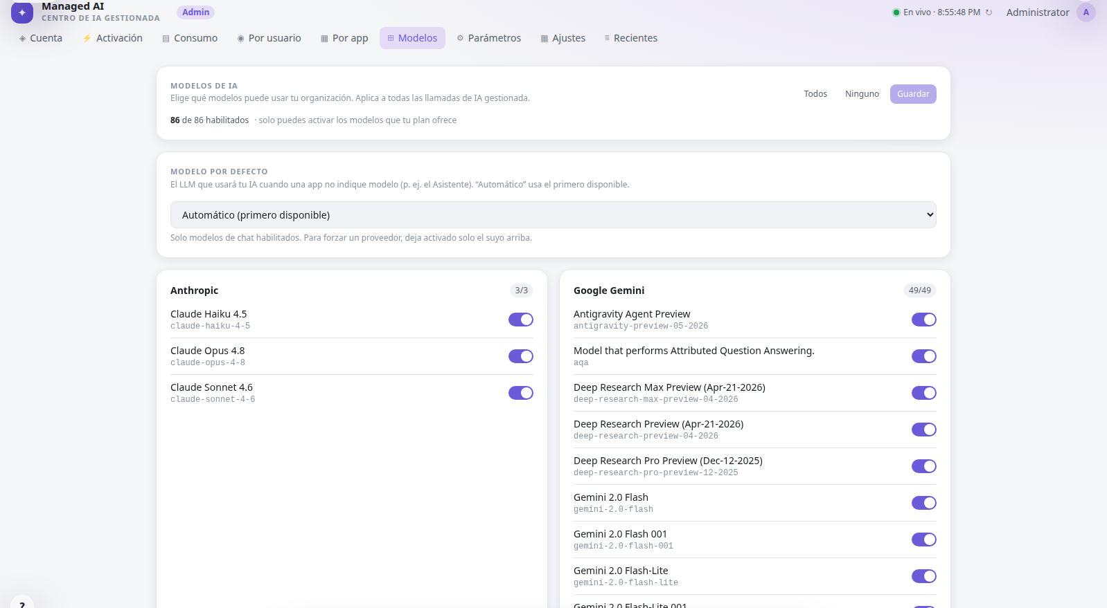 The Managed AI console listing the available models by provider, each with a switch, and a default-model selector.