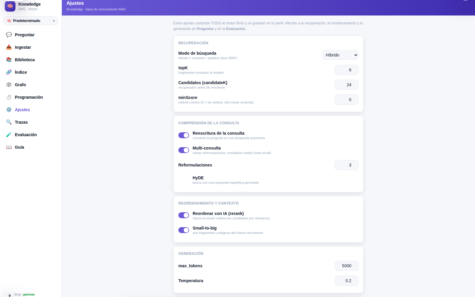 The Knowledge settings panel: search mode set to hybrid, query rewriting, multi-query and HyDE, AI reranking, small-to-big, and the chunking controls.