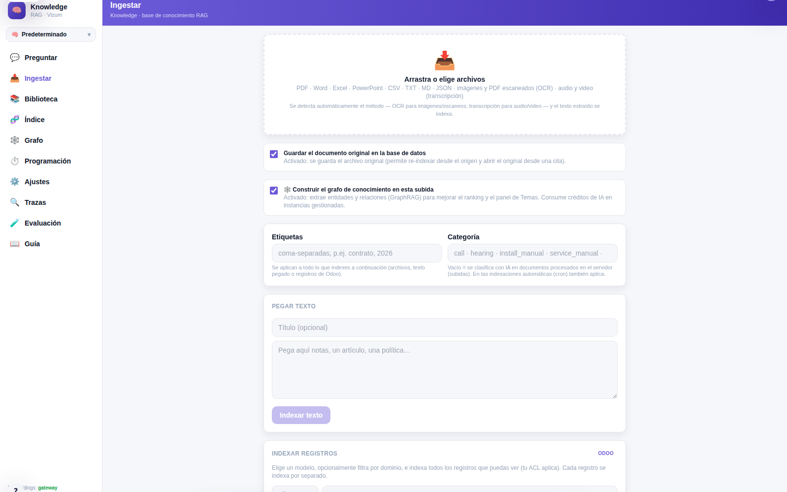 The Knowledge ingest panel, listing the accepted formats and the options to keep the original file and to build the knowledge graph.