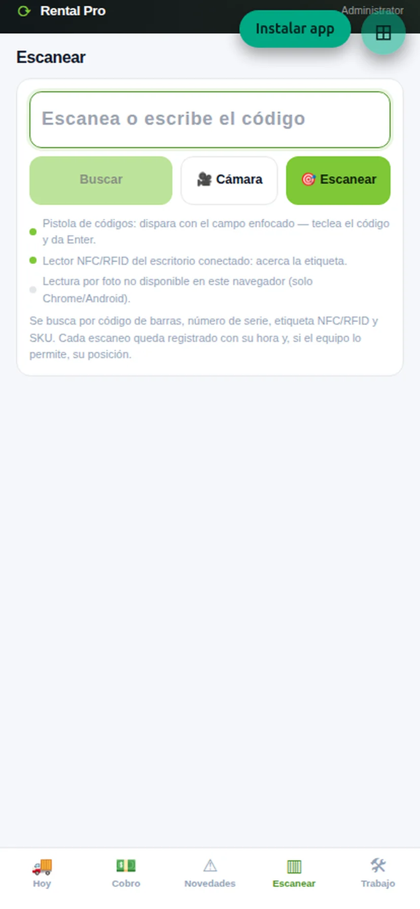 A Solo app scanning: barcode gun, camera and NFC or RFID reader