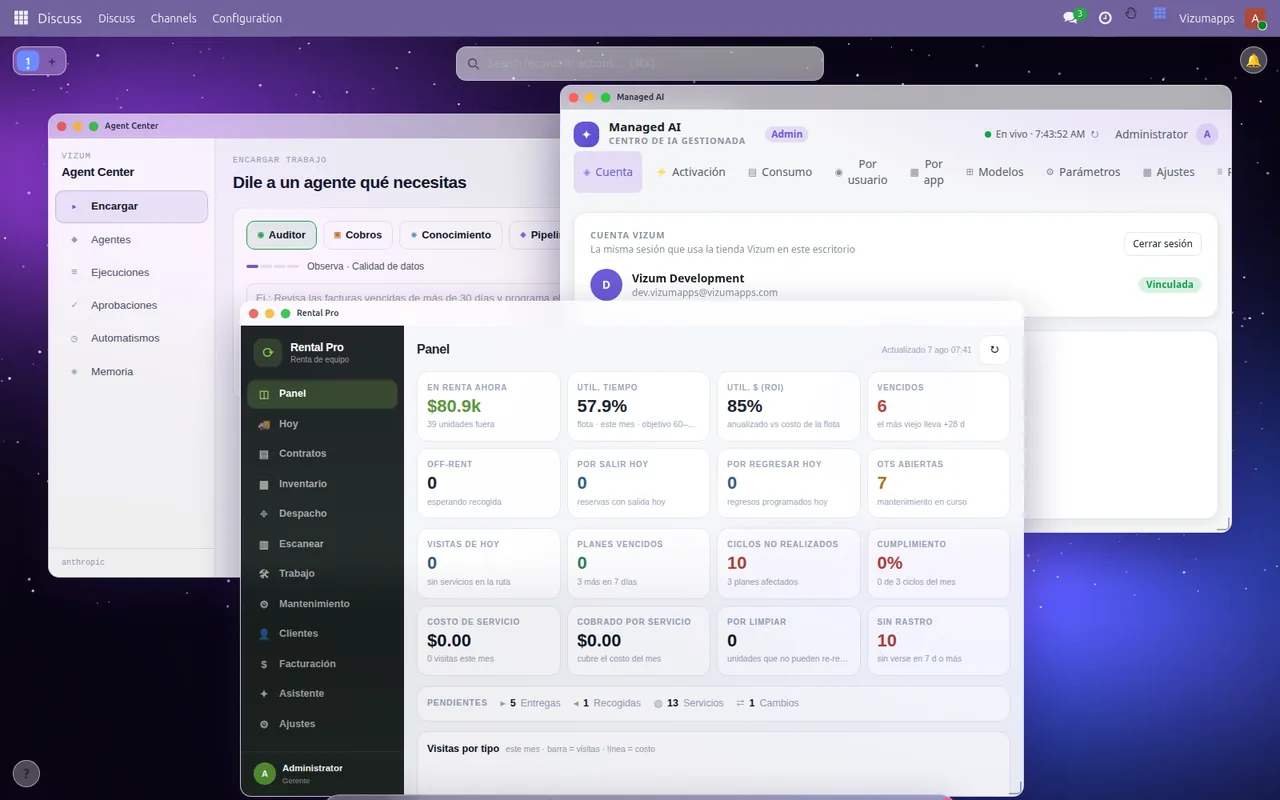 The Vizum desktop: three real Odoo apps in draggable floating windows